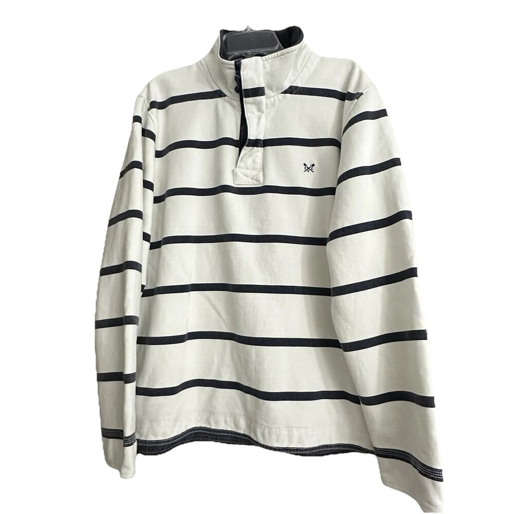 CREW CLOTHING XL 100% COTTON PADSTOW PIQUE, White/blue Stripes 1/4 Zip Pullover